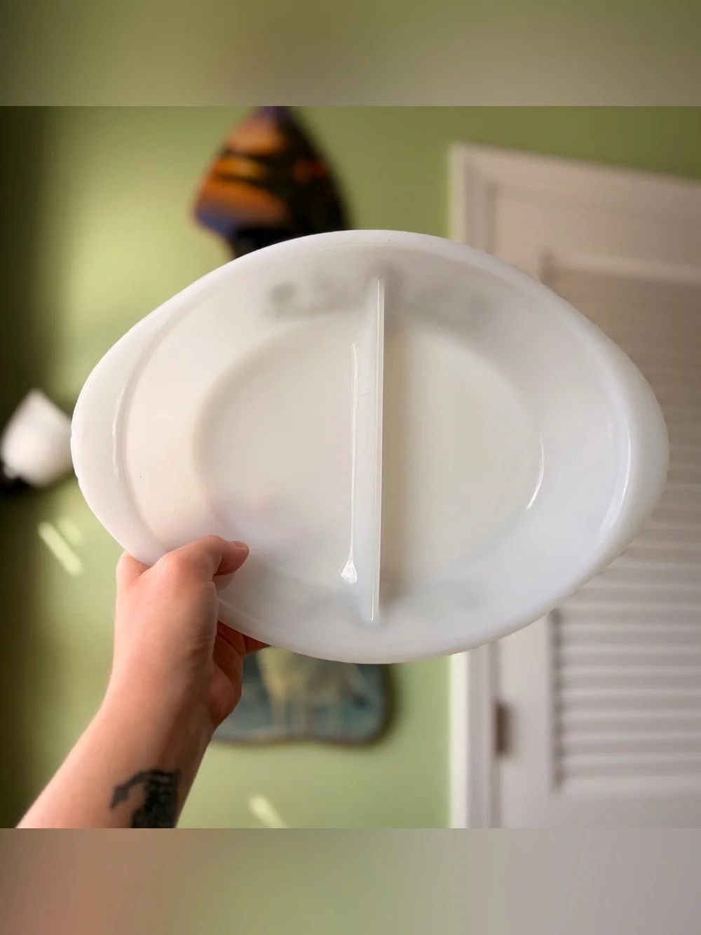 Milk Glass Green Floral Pattern Bakeware Divided Dish by Glasbake